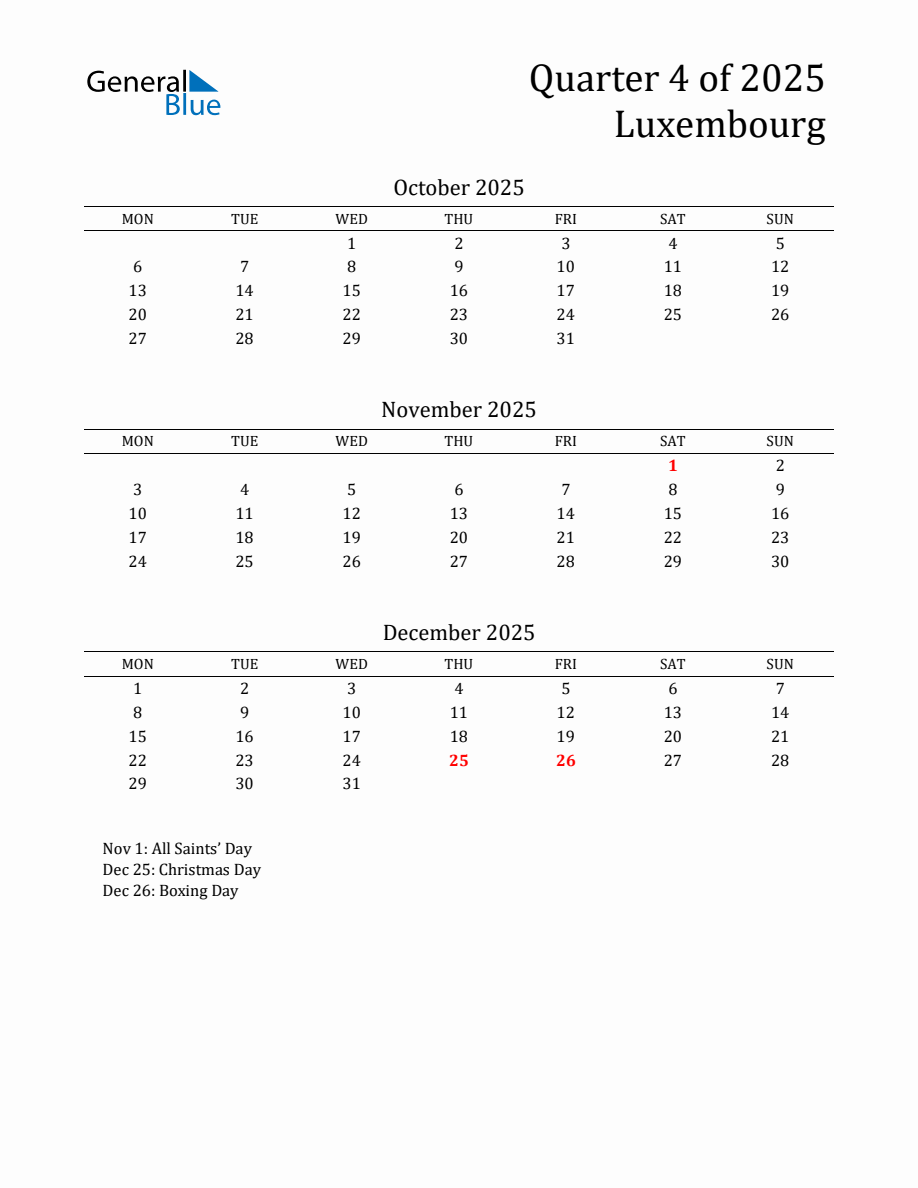 Calendar 2025 Luxembourg 