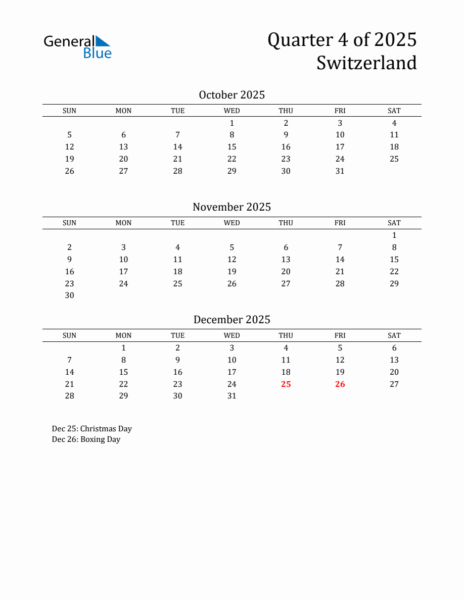 Quarter 4 2025 Switzerland Quarterly Calendar