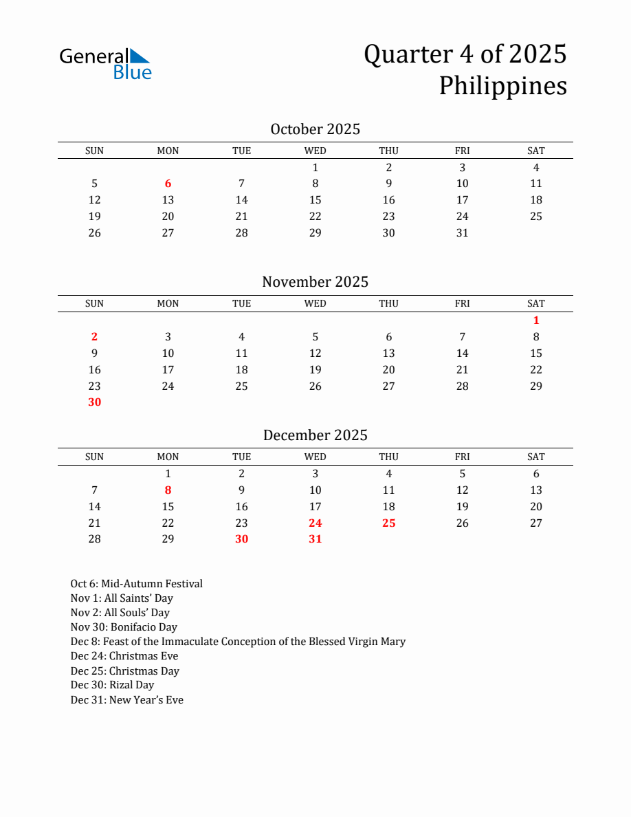 Quarter 4 2025 Philippines Quarterly Calendar