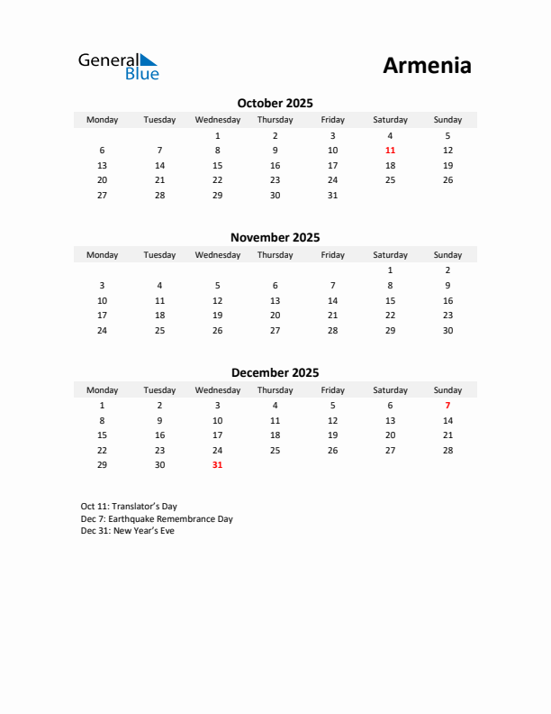 Printable Quarterly Calendar with Notes and Armenia Holidays- Q4 of 2025