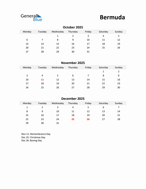 Printable Quarterly Calendar with Notes and Bermuda Holidays- Q4 of 2025