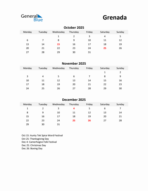 Printable Quarterly Calendar with Notes and Grenada Holidays- Q4 of 2025