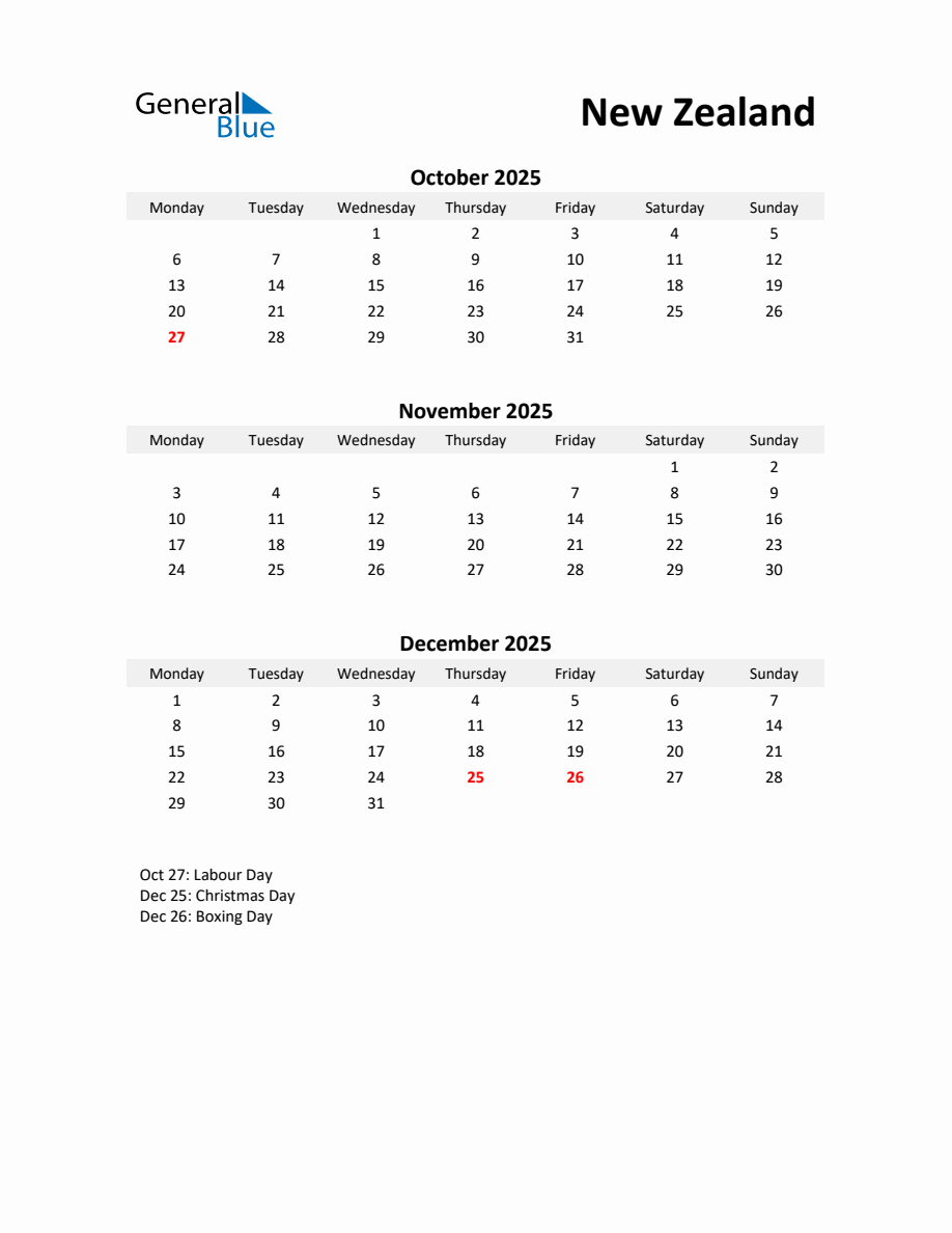 Printable Quarterly Calendar with Notes and New Zealand Holidays Q4 of