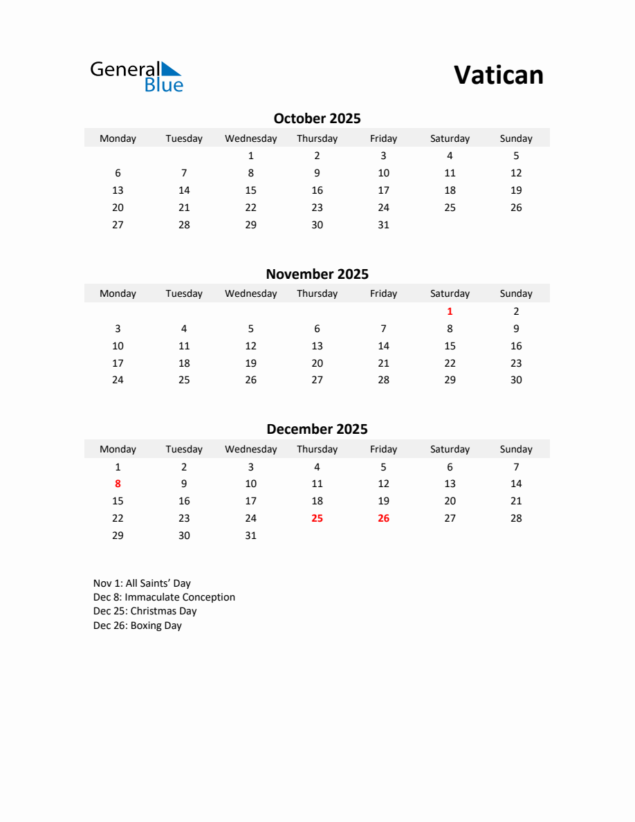 Printable Quarterly Calendar with Notes and Vatican Holidays Q4 of 2025