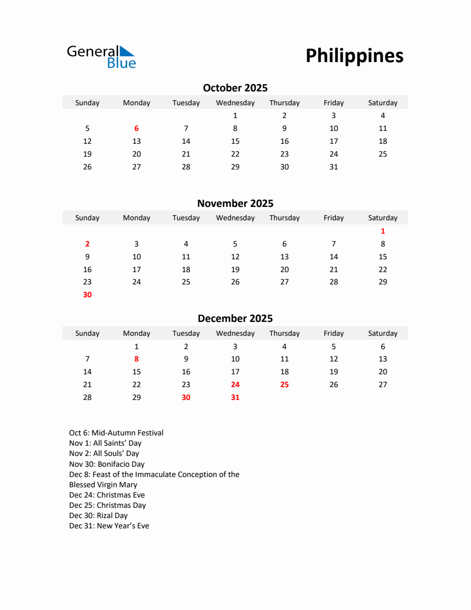 Printable Quarterly Calendar with Notes and Philippines Holidays Q4 of