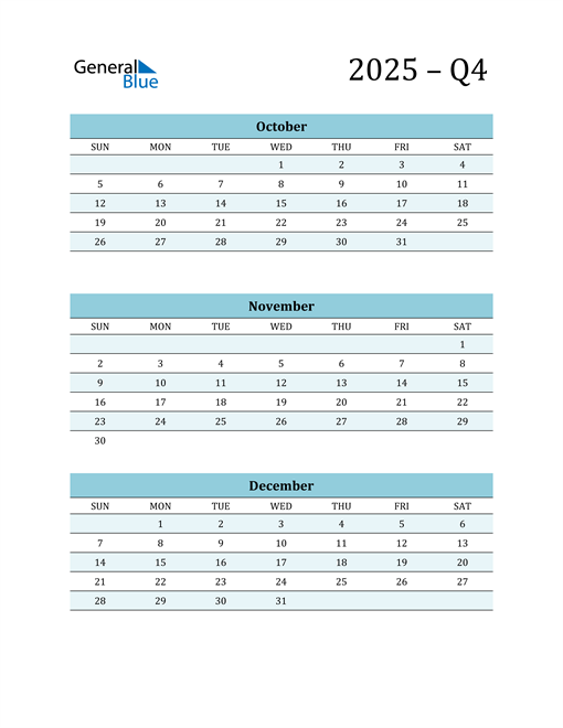  October, November, and December 2025 Calendar