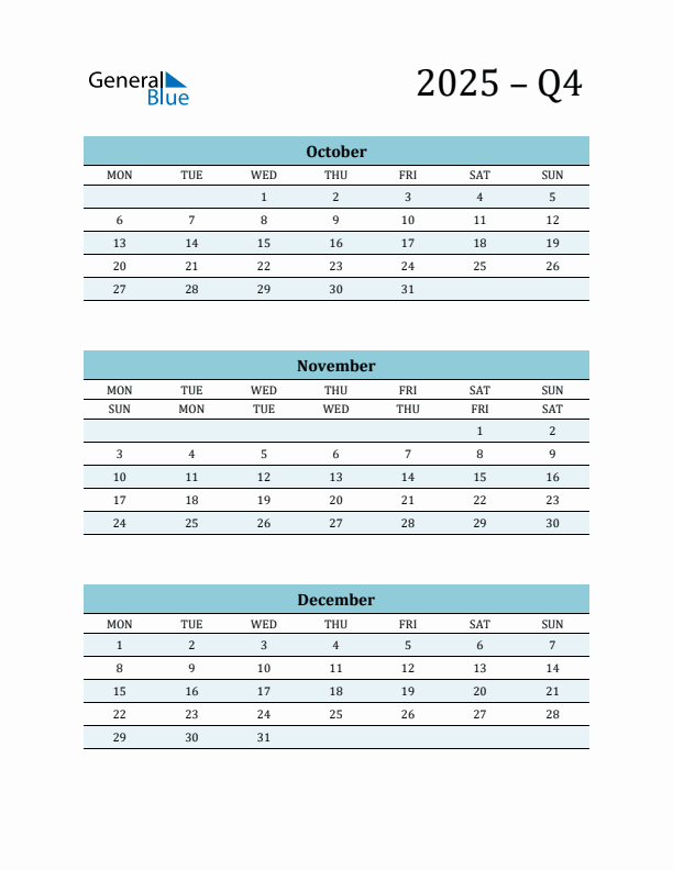 October, November, and December 2025 Calendar