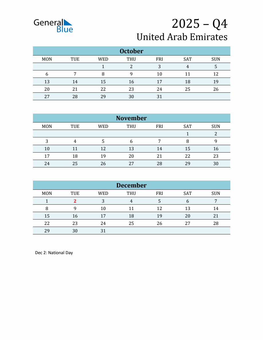 ThreeMonth Planner for Q4 2025 with Holidays United Arab Emirates