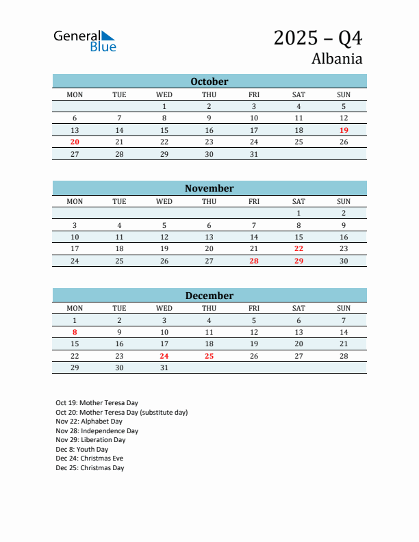 Three-Month Planner for Q4 2025 with Holidays - Albania