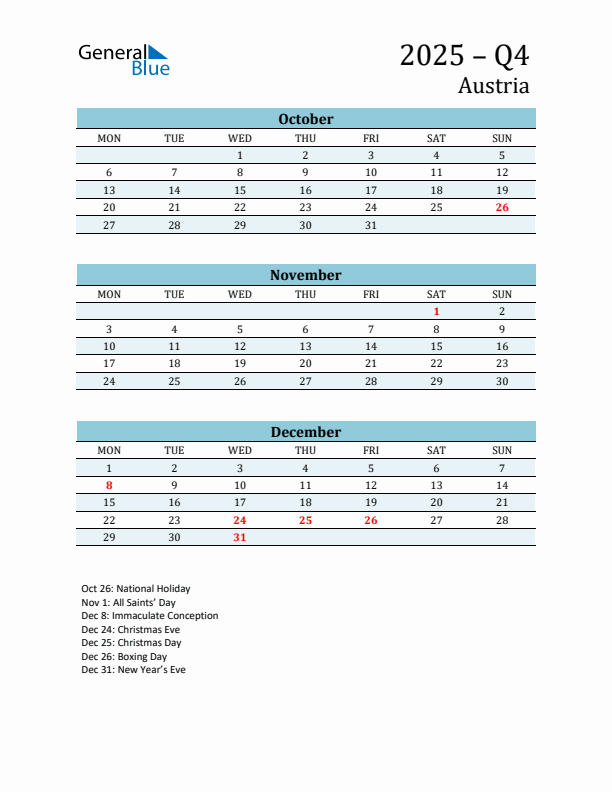 Three-Month Planner for Q4 2025 with Holidays - Austria