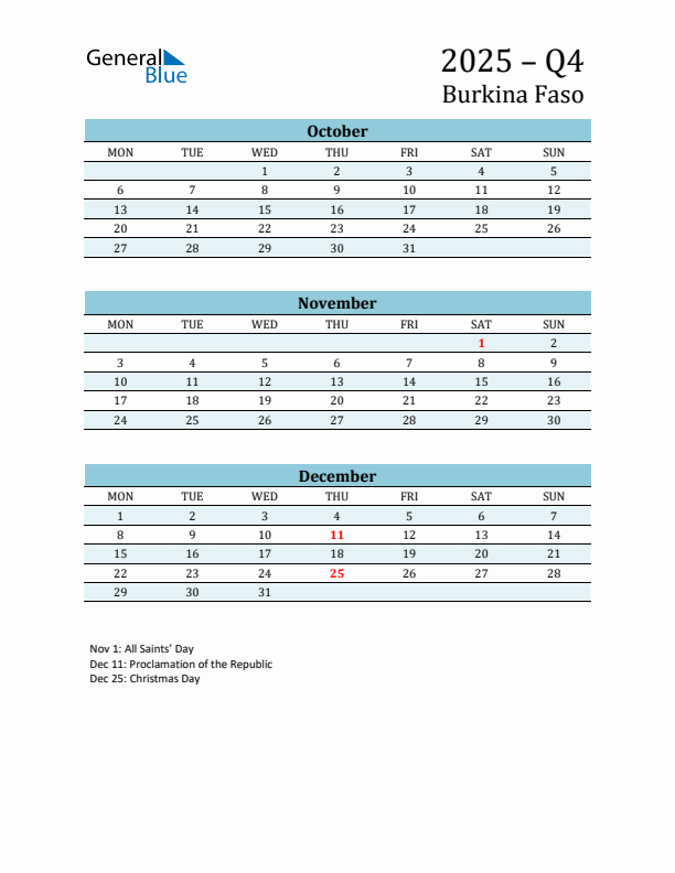 Three-Month Planner for Q4 2025 with Holidays - Burkina Faso