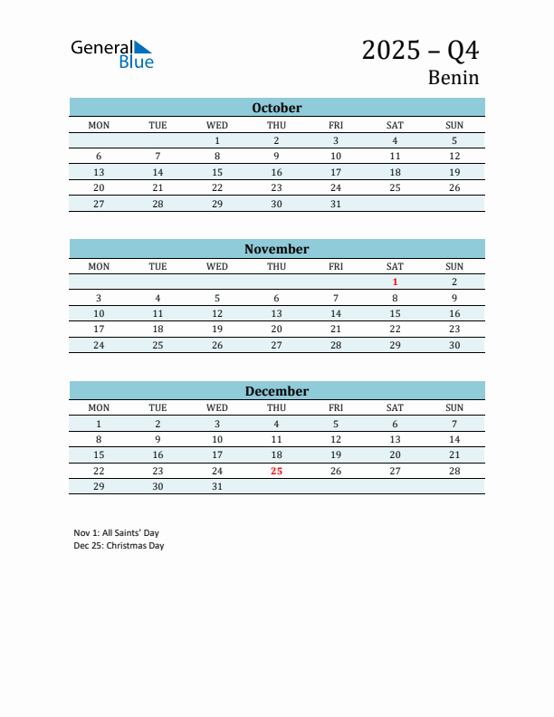 Three-Month Planner for Q4 2025 with Holidays - Benin