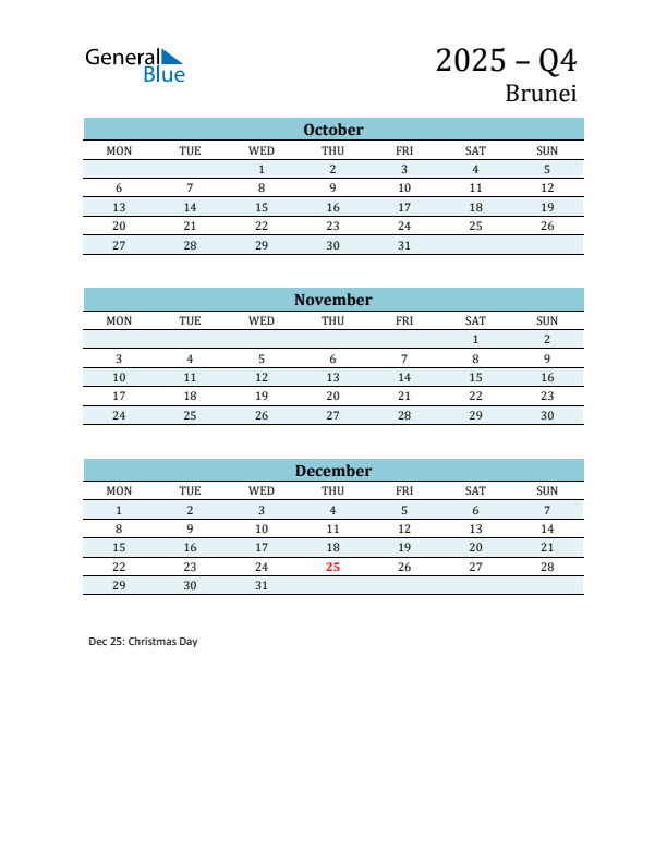 Three-Month Planner for Q4 2025 with Holidays - Brunei