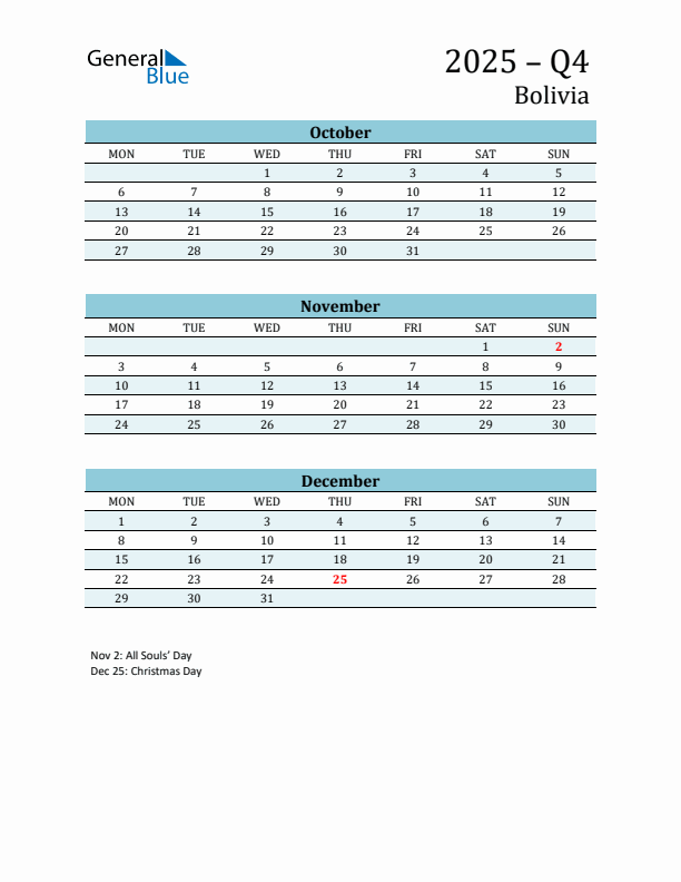 Three-Month Planner for Q4 2025 with Holidays - Bolivia