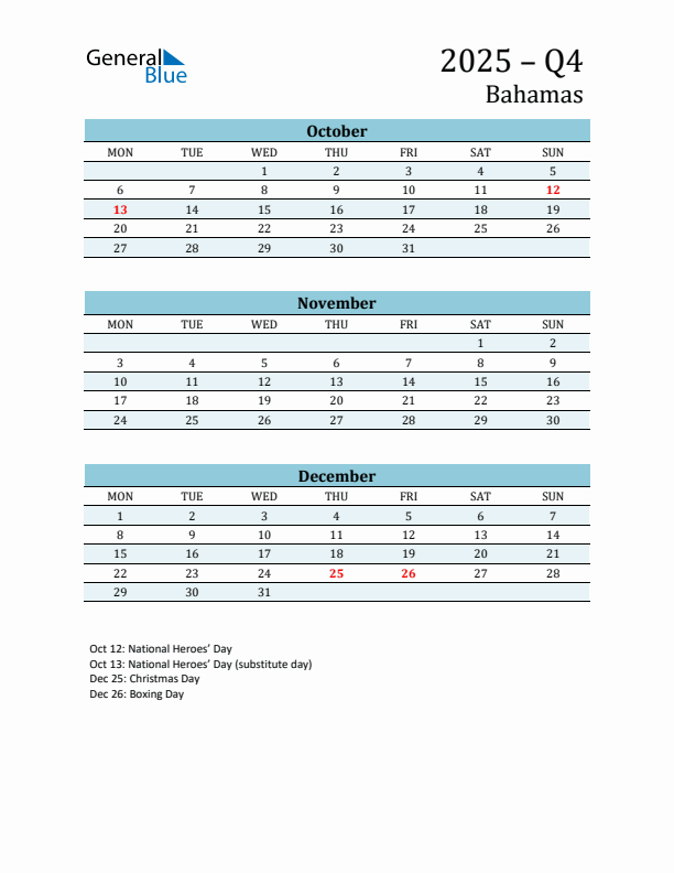 Three-Month Planner for Q4 2025 with Holidays - Bahamas
