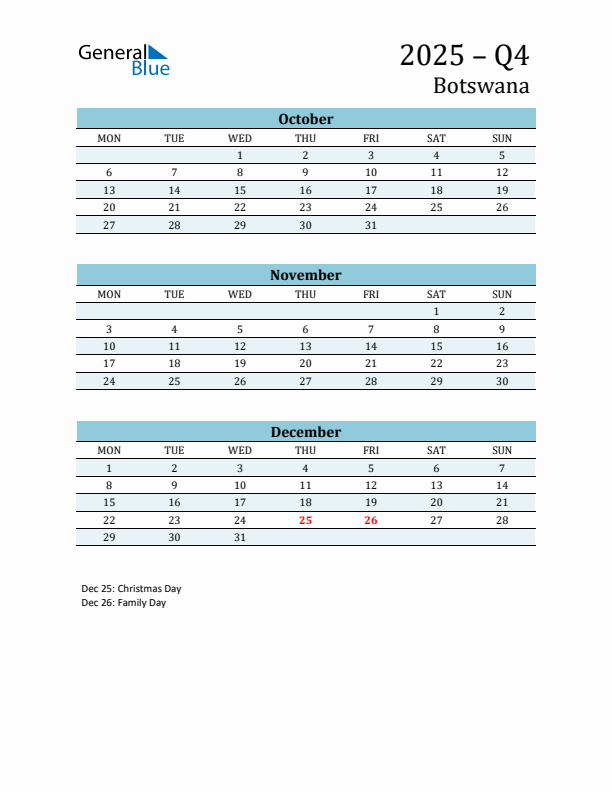Three-Month Planner for Q4 2025 with Holidays - Botswana