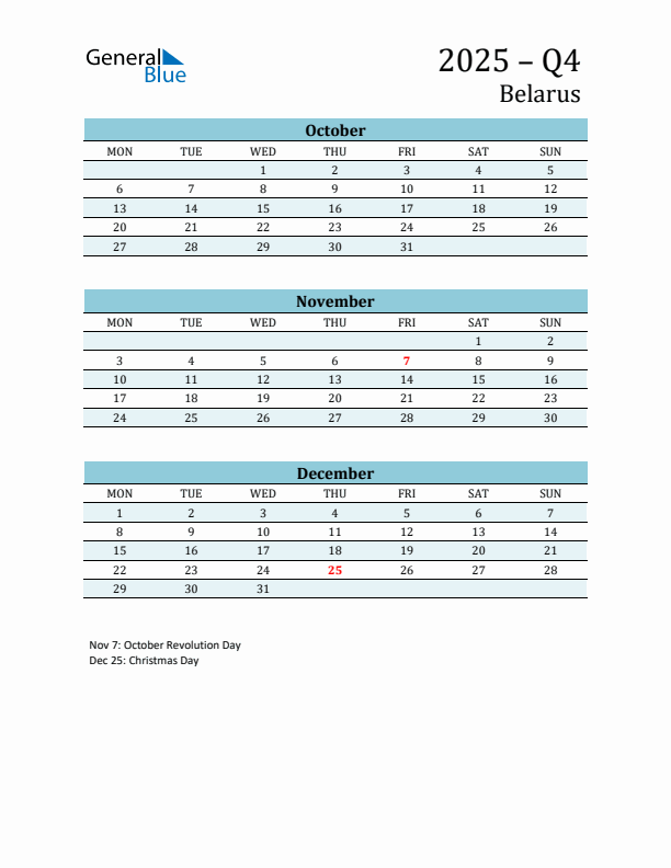 Three-Month Planner for Q4 2025 with Holidays - Belarus