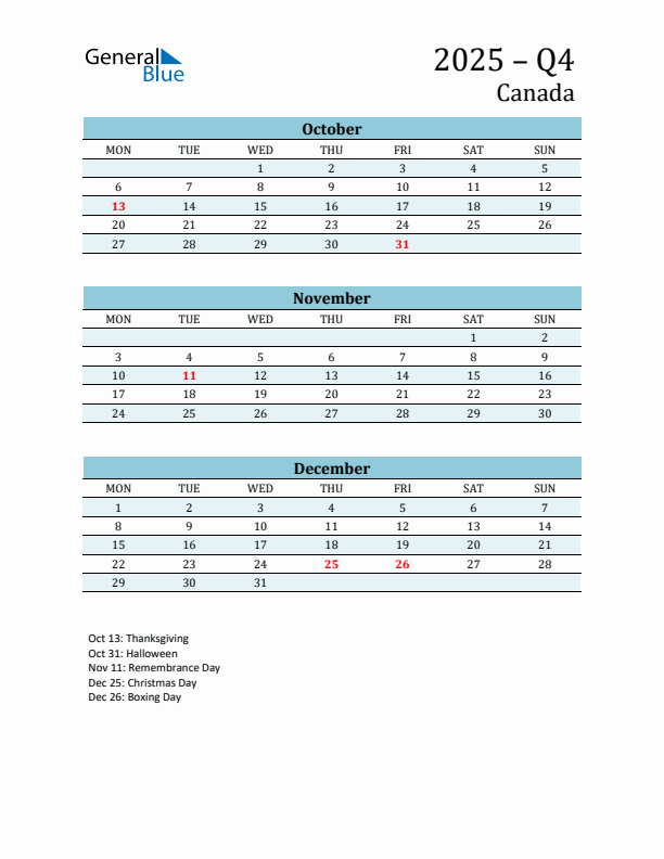 Three-Month Planner for Q4 2025 with Holidays - Canada