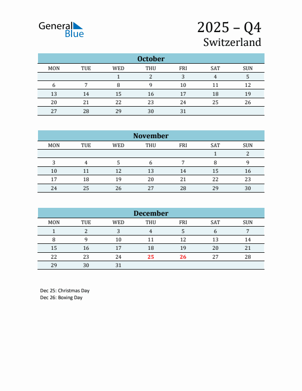 Three-Month Planner for Q4 2025 with Holidays - Switzerland