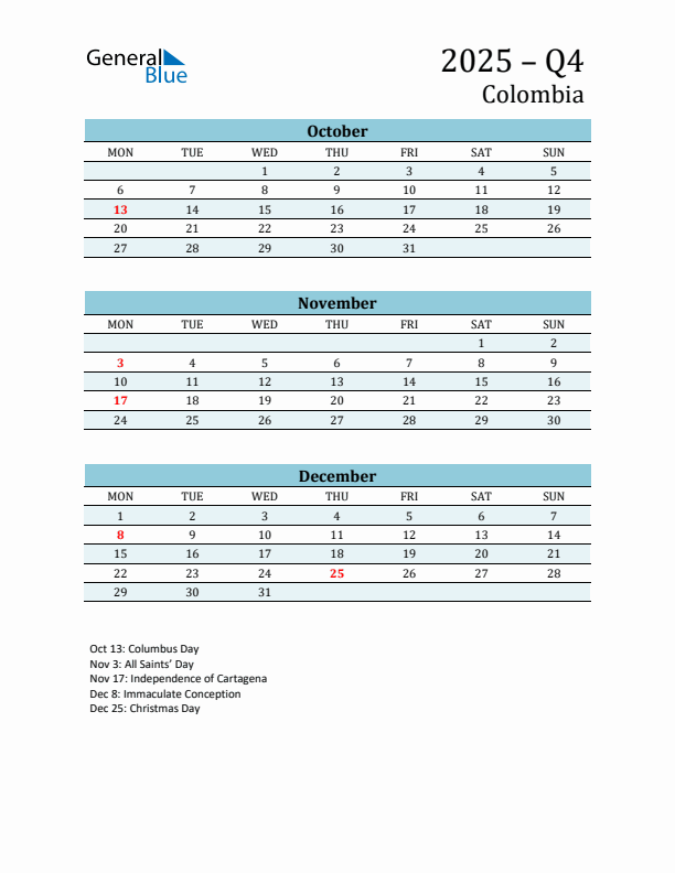 Three-Month Planner for Q4 2025 with Holidays - Colombia