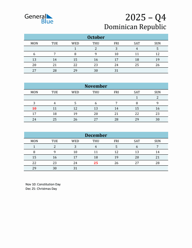 Three-Month Planner for Q4 2025 with Holidays - Dominican Republic
