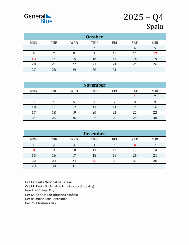 Three-Month Planner for Q4 2025 with Holidays - Spain