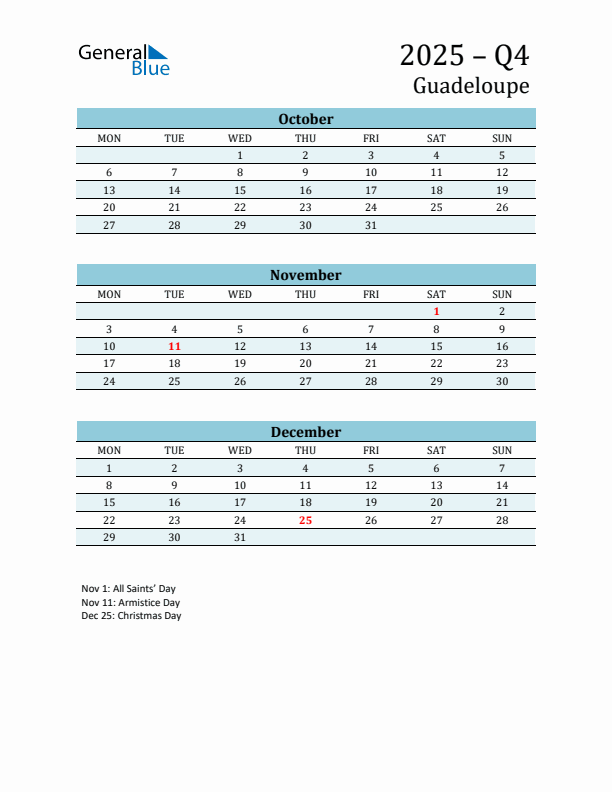 Three-Month Planner for Q4 2025 with Holidays - Guadeloupe