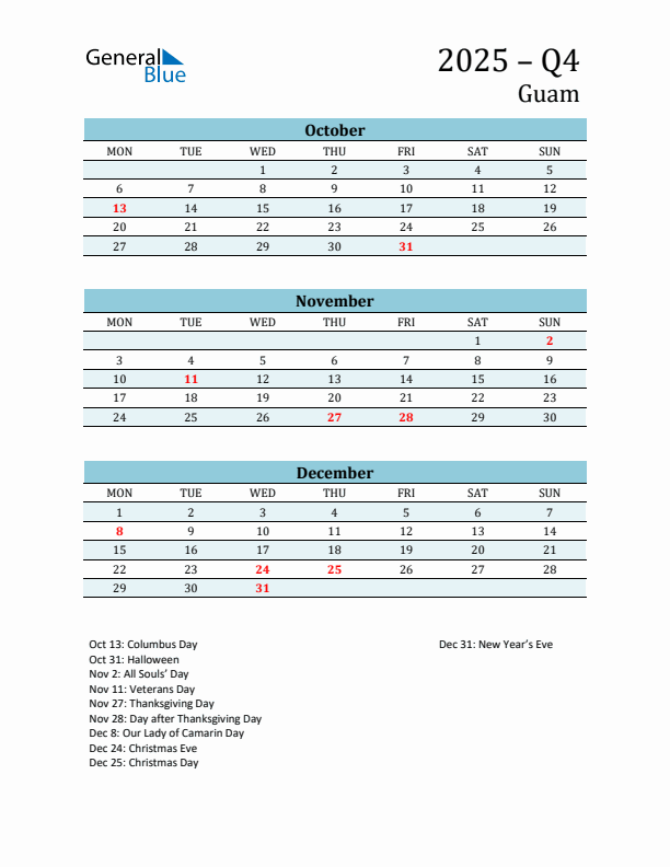 Three-Month Planner for Q4 2025 with Holidays - Guam