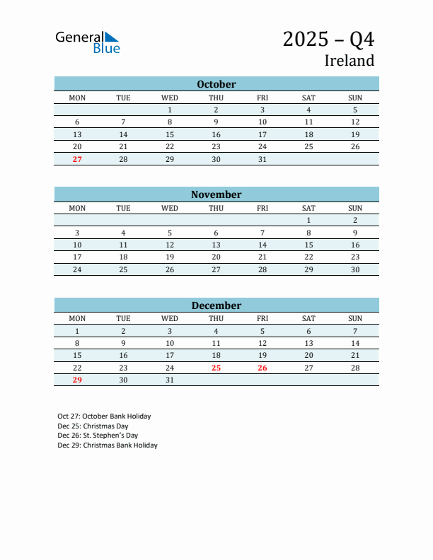 Three-Month Planner for Q4 2025 with Holidays - Ireland