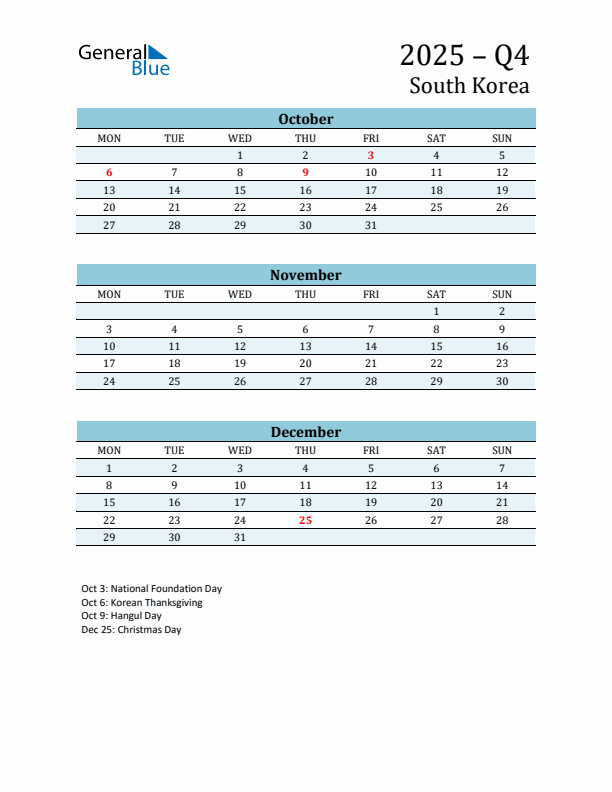 Three-Month Planner for Q4 2025 with Holidays - South Korea