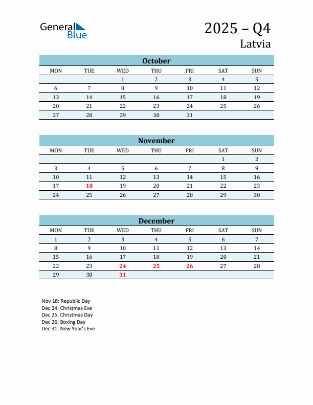 Three-Month Planner for Q4 2025 with Holidays - Latvia