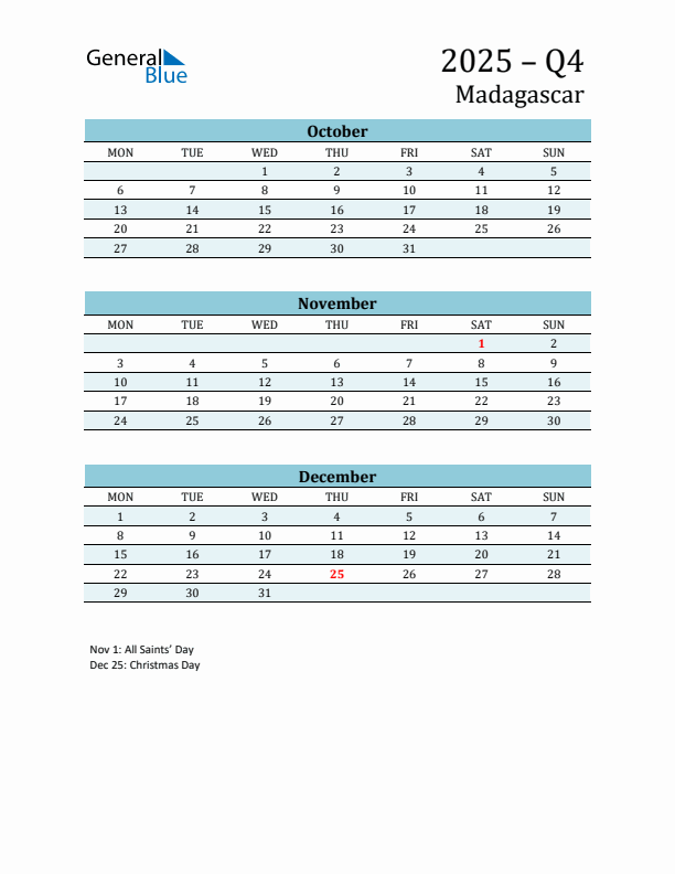 Three-Month Planner for Q4 2025 with Holidays - Madagascar