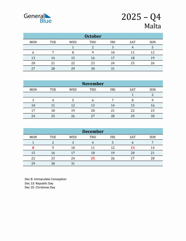 Three-Month Planner for Q4 2025 with Holidays - Malta