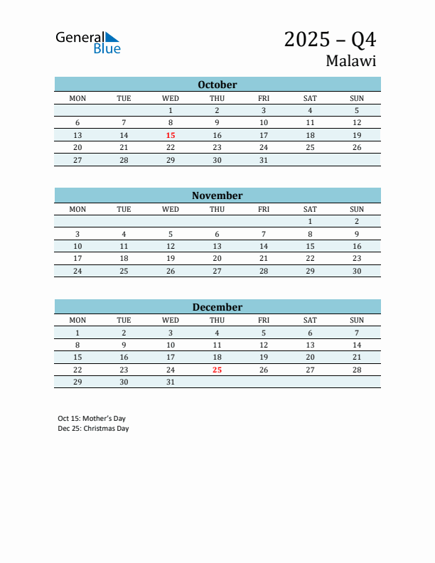 Three-Month Planner for Q4 2025 with Holidays - Malawi