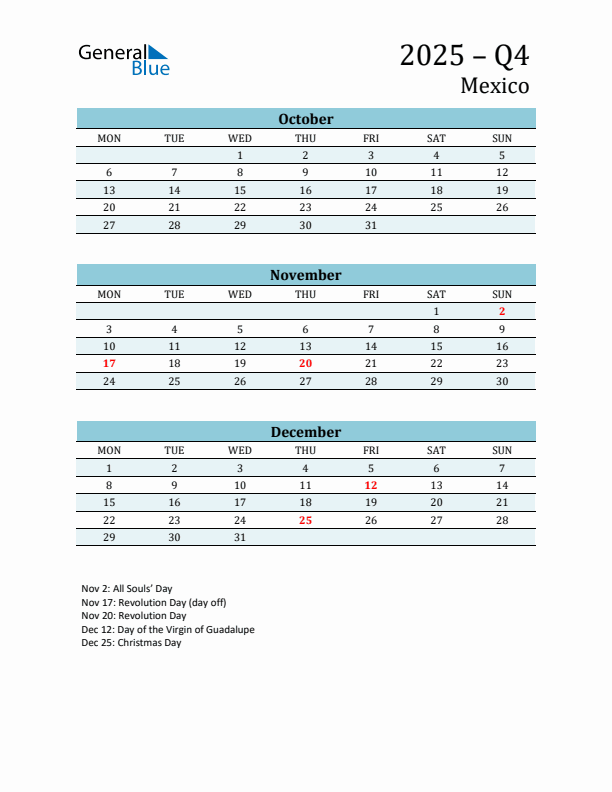 Three-Month Planner for Q4 2025 with Holidays - Mexico