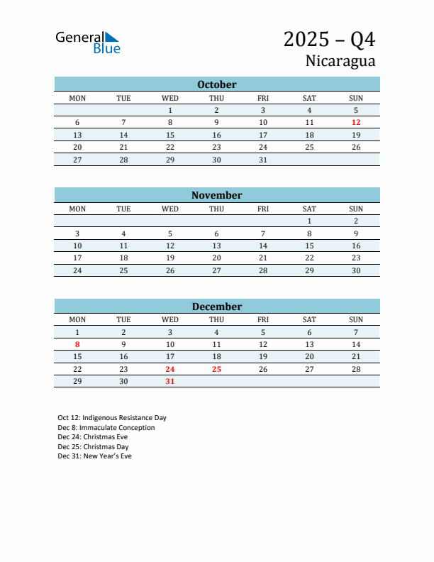 Three-Month Planner for Q4 2025 with Holidays - Nicaragua