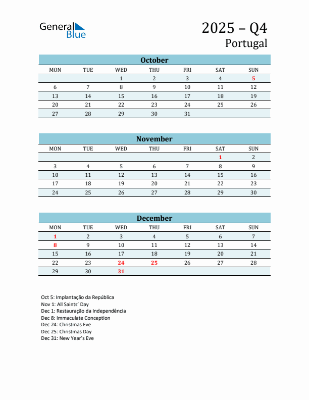 Three-Month Planner for Q4 2025 with Holidays - Portugal