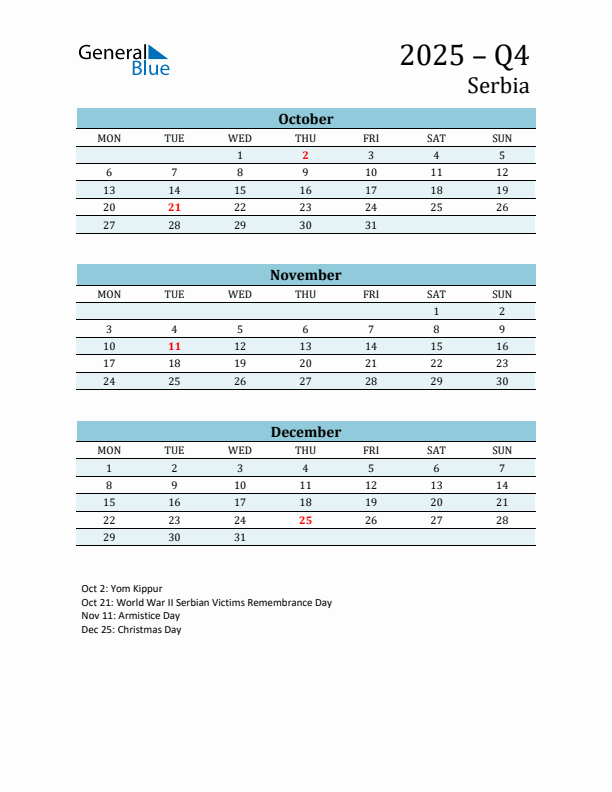 Three-Month Planner for Q4 2025 with Holidays - Serbia