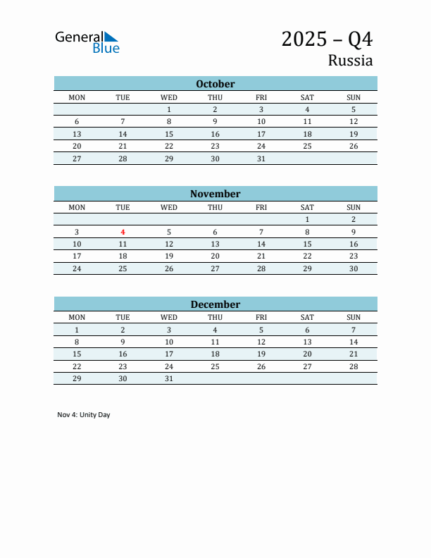 Three-Month Planner for Q4 2025 with Holidays - Russia