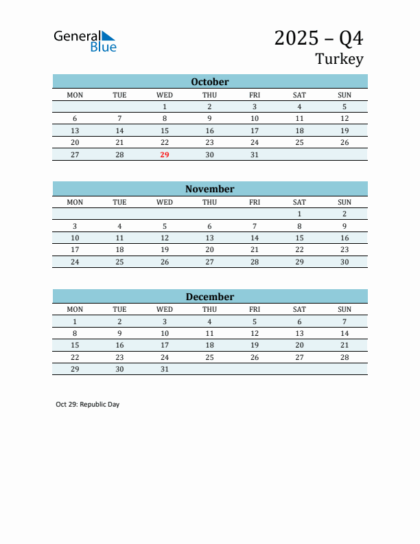 Three-Month Planner for Q4 2025 with Holidays - Turkey