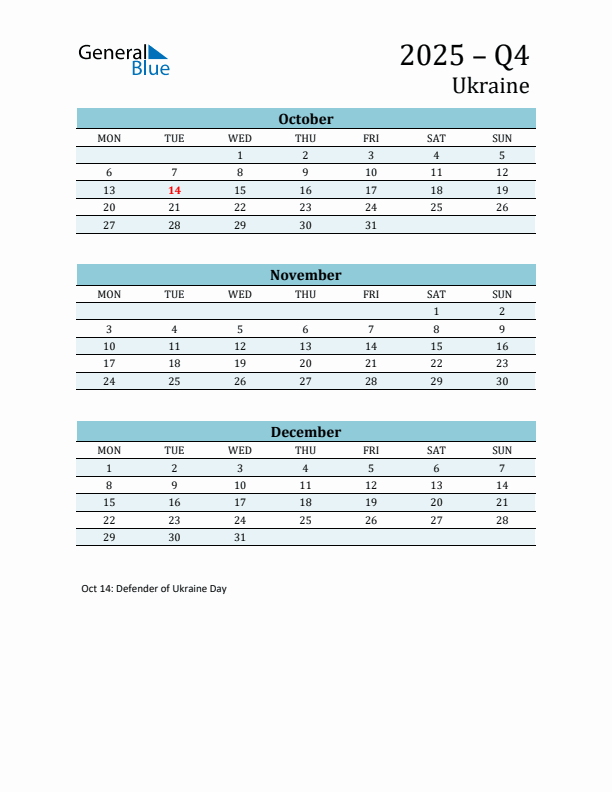 Three-Month Planner for Q4 2025 with Holidays - Ukraine