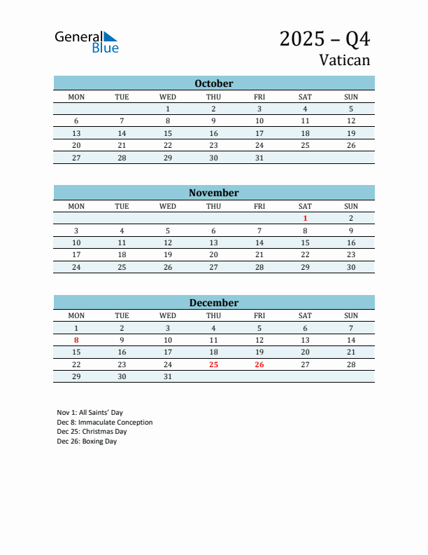 Three-Month Planner for Q4 2025 with Holidays - Vatican