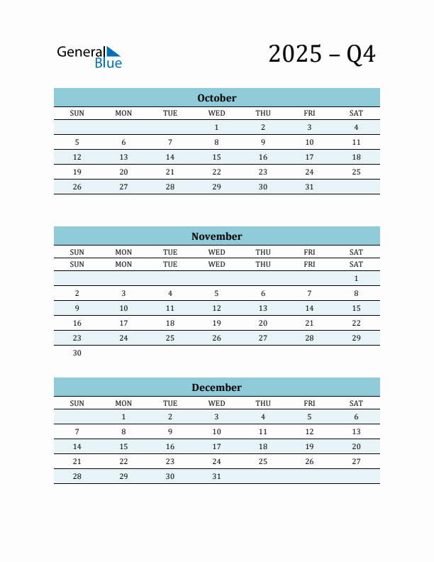 October, November, and December 2025 Calendar