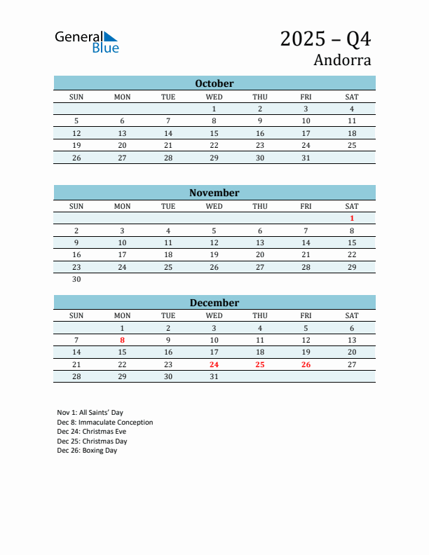 Three-Month Planner for Q4 2025 with Holidays - Andorra