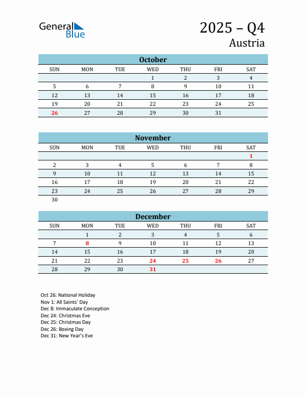 Three-Month Planner for Q4 2025 with Holidays - Austria