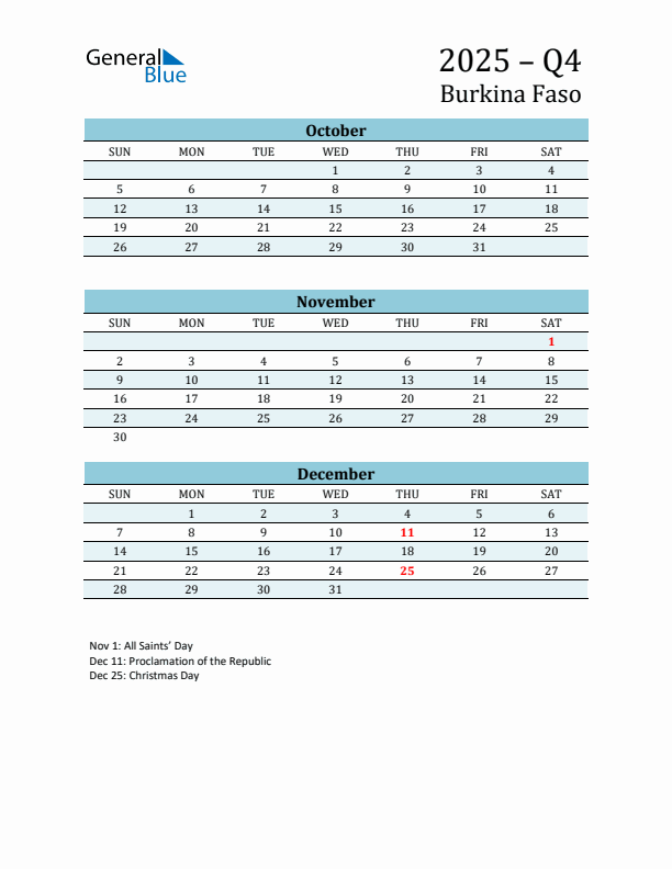 Three-Month Planner for Q4 2025 with Holidays - Burkina Faso