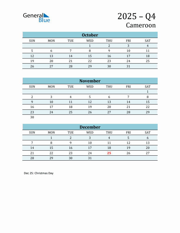 Three-Month Planner for Q4 2025 with Holidays - Cameroon