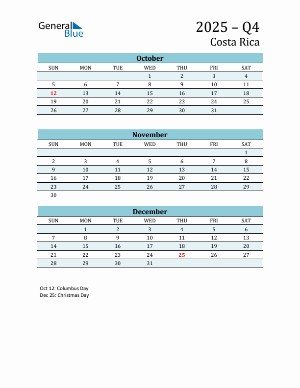 Three-Month Planner for Q4 2025 with Holidays - Costa Rica