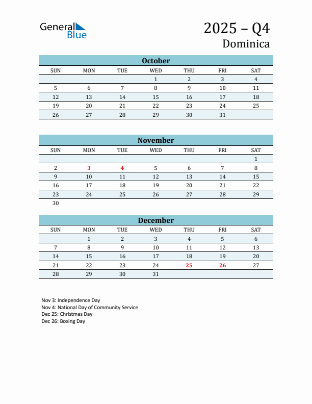 Three-Month Planner for Q4 2025 with Holidays - Dominica