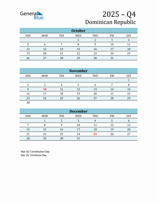 Three-Month Planner for Q4 2025 with Holidays - Dominican Republic